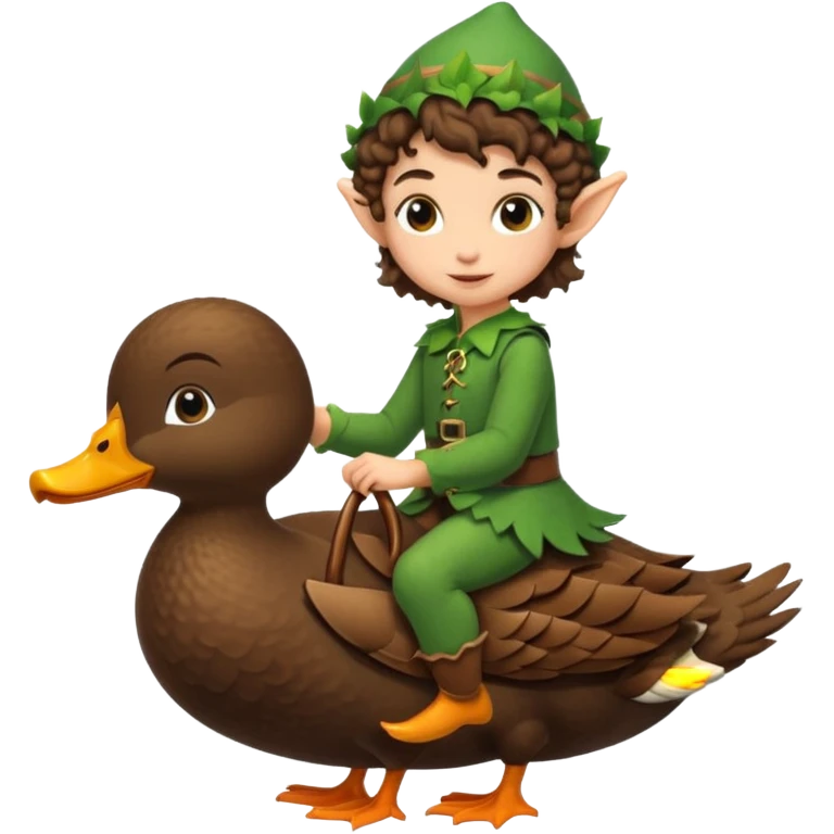 tiny forest elf short tight curly brown hair riding duck emoji
