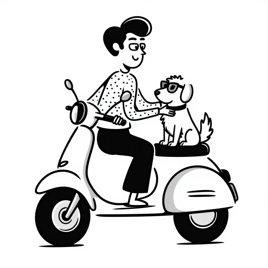 man and his pet dog riding a vespa emoji