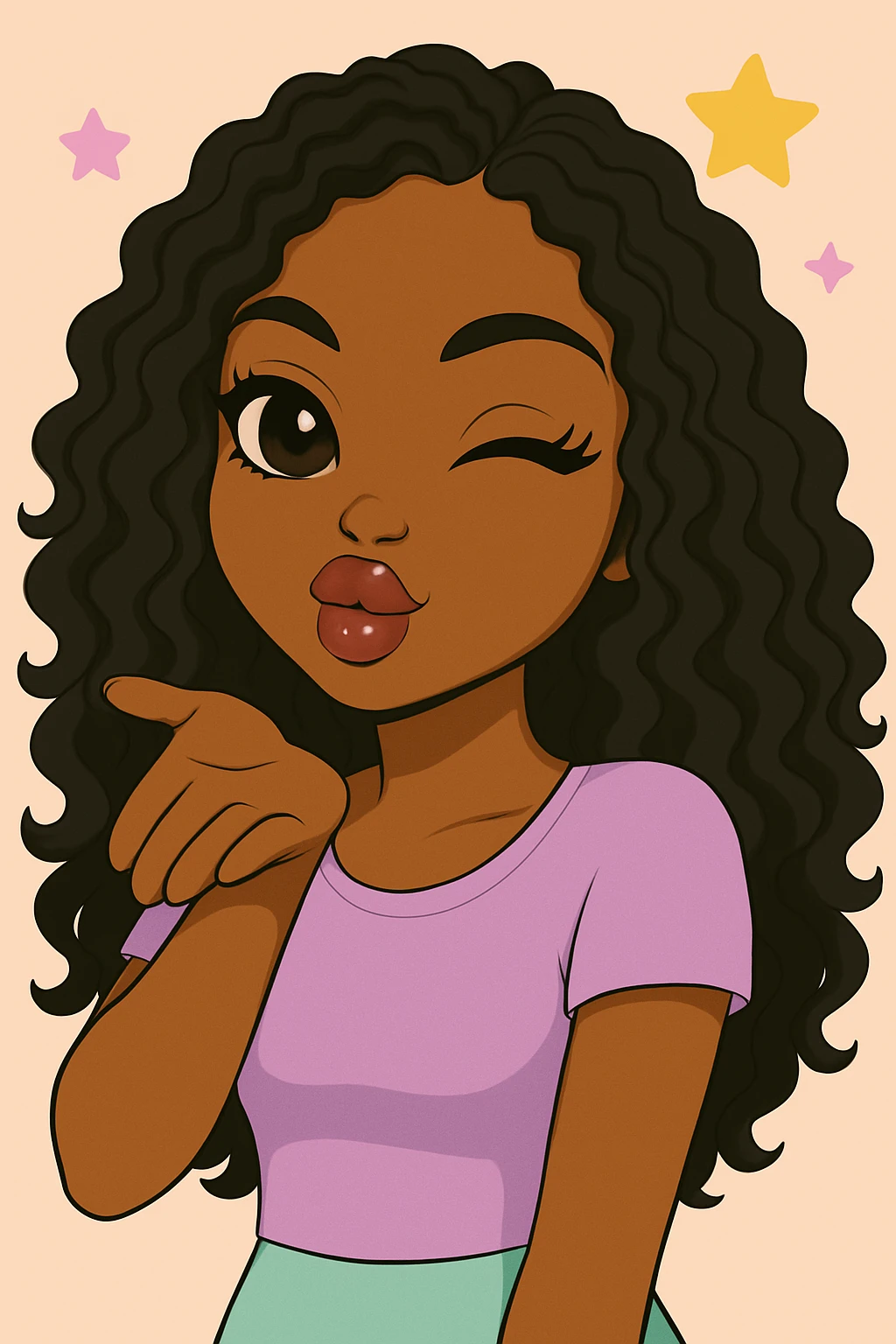 Headshot of a 20-year-old anime Bratz style woman with dark skin, curly hair, winking and blowing a kiss, cute pastel Y2K look, big expressive eyes, glossy lips, happy expression, no hat, no tears. emoji