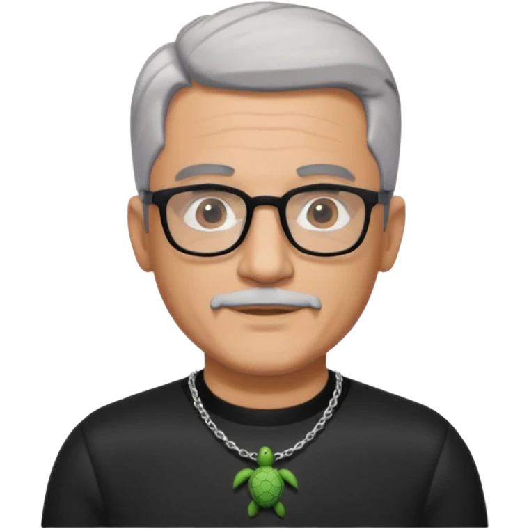 Tony Barceló is a large, strong, lively man in his 70s with short, neatly combed gray hair and a trimmed goatee. He has a broad round face, square glasses, and a confident presence. He wears a black outfit with a silver turtle necklace, reflecting his thoughtful, creative energy as a writer. emoji
