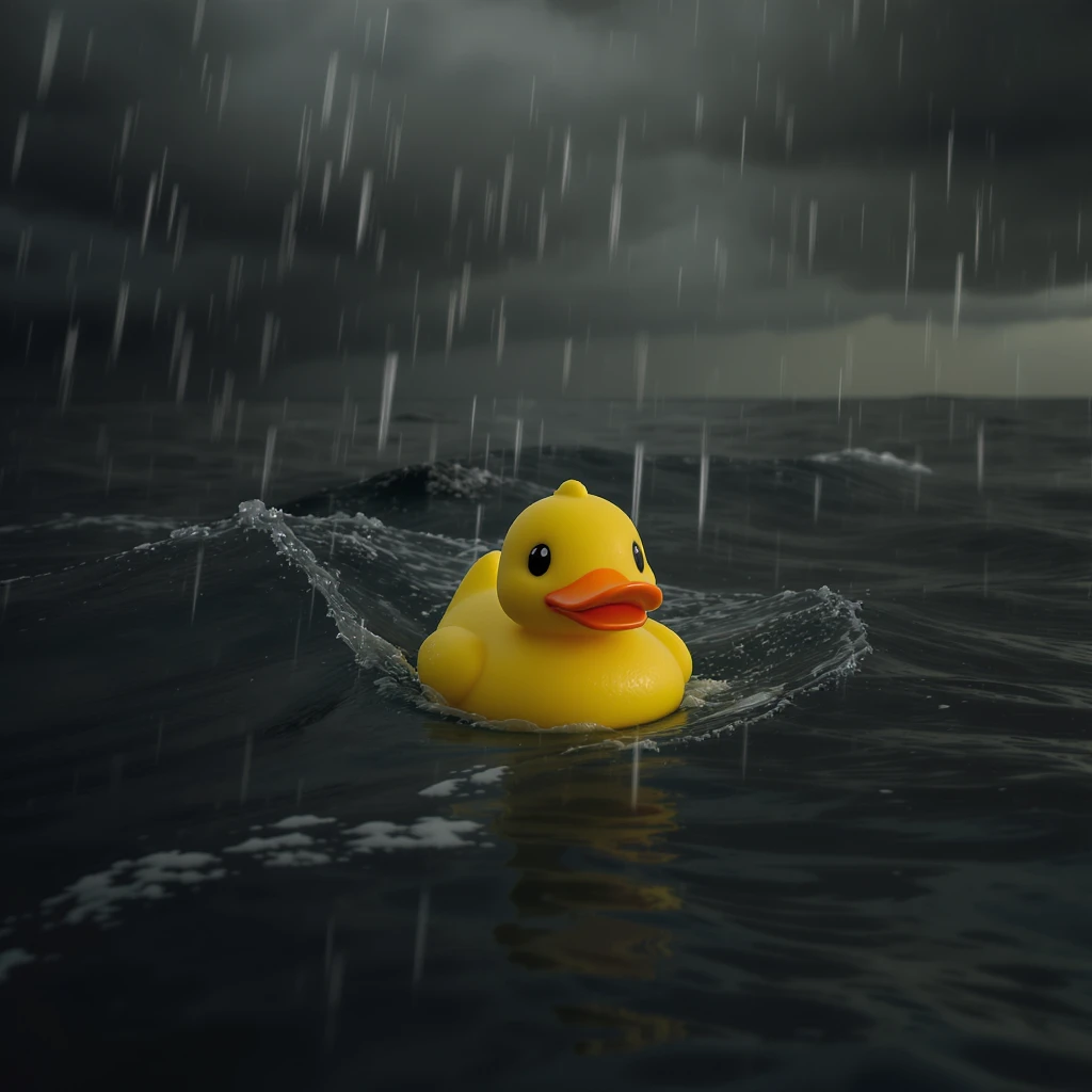 Cinematic still, Closeup shot of Yellow duck toy on ocean during storm, Camera from top, inspired by interstellar emoji