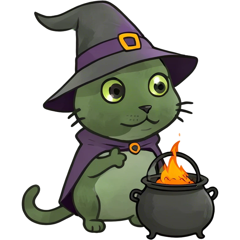 Magic grey cat with witch's cauldron emoji