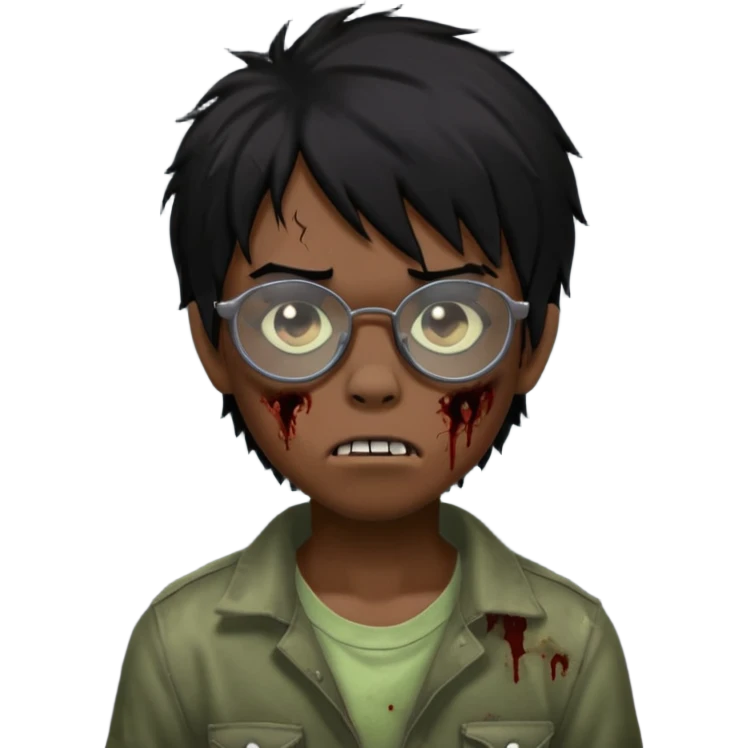 Boy, zombie, black hair, little long, emo, shaggy, dark, spooky, creepy expression, with black glasses emoji