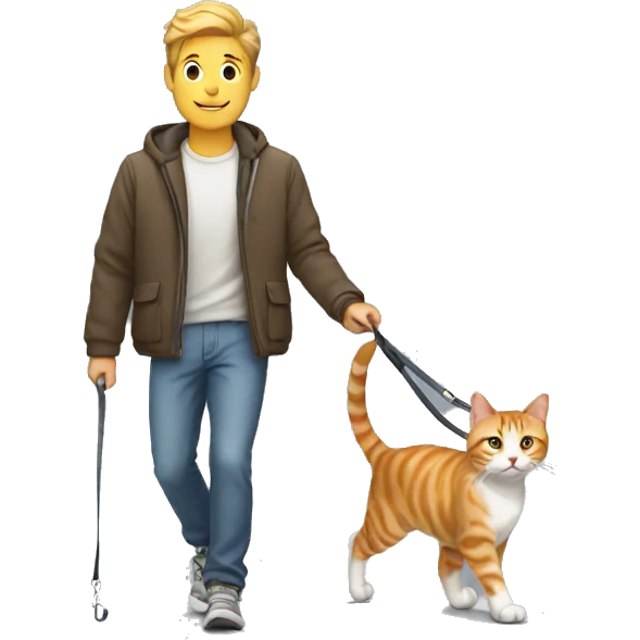 man walking a tabby cat on a leash emoji