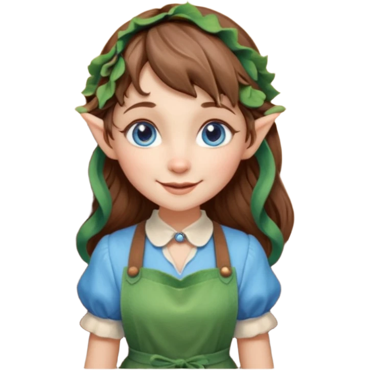 Kind happy whimsical quirky Girl toymaker, wood carving elf. Woodland creator. Blue eyes. brown hair (just below chin length) wavy hair & bangs. Whimsical playful cute emoji