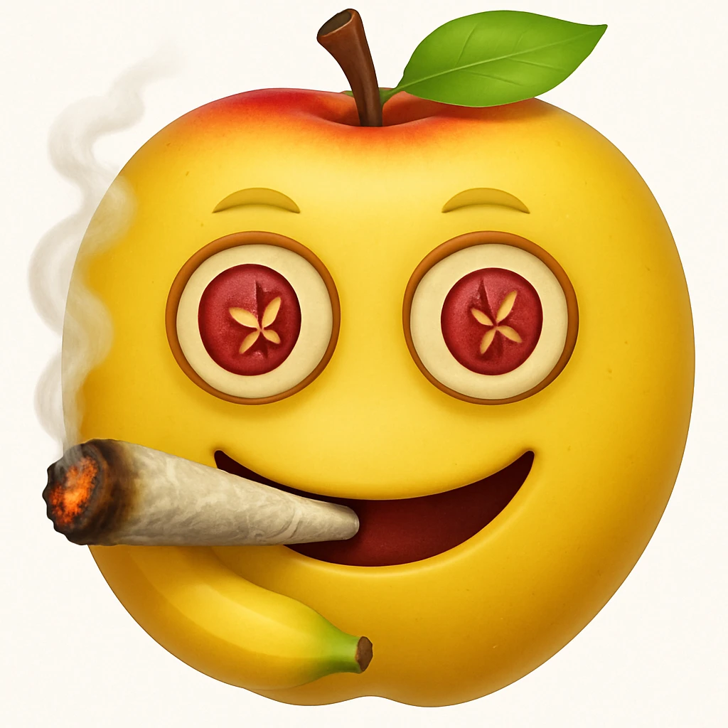 Add a cartoon joint with smoke to the smiley face made of apples as eyes and a banana as the mouth. Make it look like the face is smoking weed, keep the emoji style. emoji