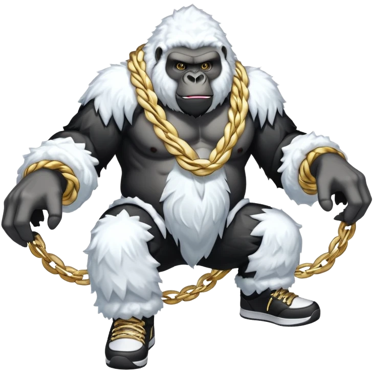 Snow elemental shaped more like a gorilla—think tall, jointed limbs, maybe even facial expressions made of snow flaunting money wearing gold rope chain with jacket and Jordan sneakers emoji