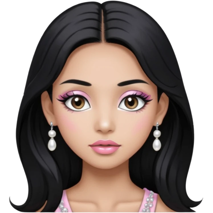 asian long black hair silver grey eyes glossy lips glittery white and light pink eyeshadow girl pearl earrings emoji