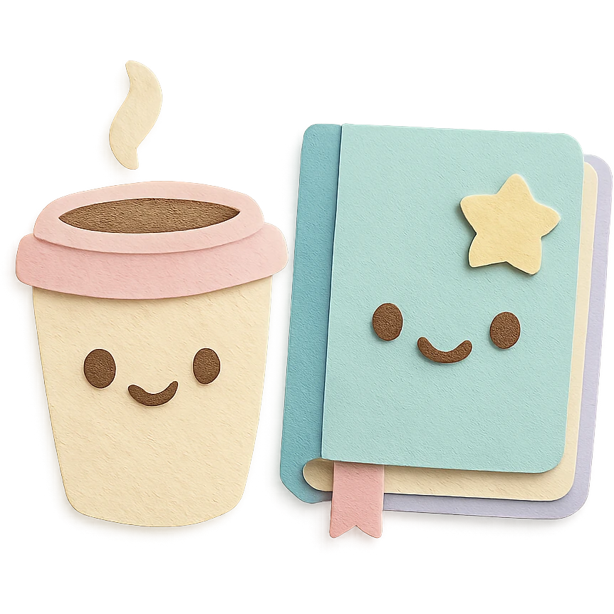 coffee cup and diary notebook with kawaii elements, soft pastel colors emoji