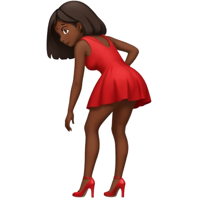 Dark skin emoji in short red dress bending over emoji