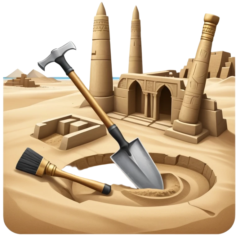 An icon showing archaeological tools—trowel, brush, and pickaxe—laid out on the sand, with the ancient Karnak temple ruins in the background. The design symbolizes exploration and discovery of ancient Egyptian history. Transparent background emoji