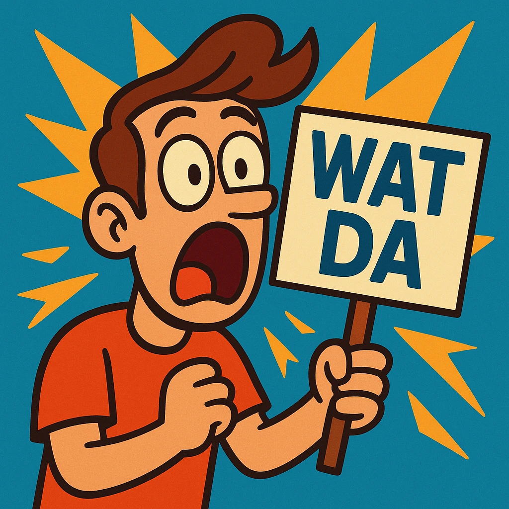 astounded man holding a sign that says 'wat da', expressive, cartoon style emoji