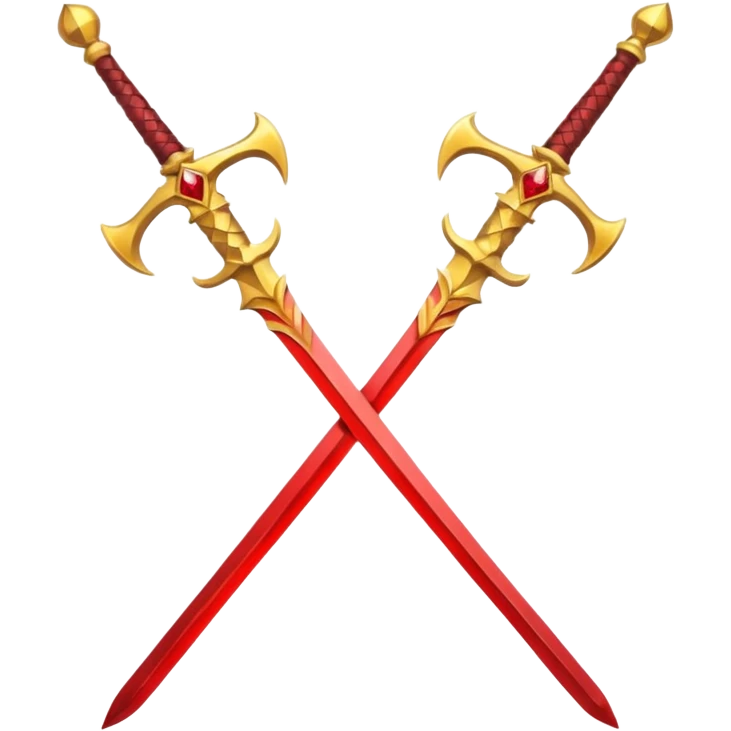 Two crossed swords that are golden in blade and handle and have fiery and royal appearence to them as well as red gem stones yellow in color emoji
