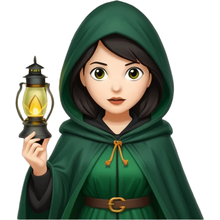 traitor tv show, dark haired woman wearing dark green cloak with hood up who looks very evil and is holding up a lantern emoji