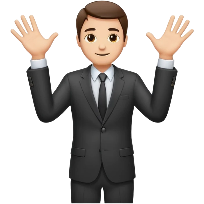 Sticker of a man in a business suit, front view, both arms extended straight in front of his body at chest level, elbows slightly bent, palms facing inward as if holding an invisible box, friendly expression, clean cartoon style, bold outlines, minimal background, emoji sticker style emoji