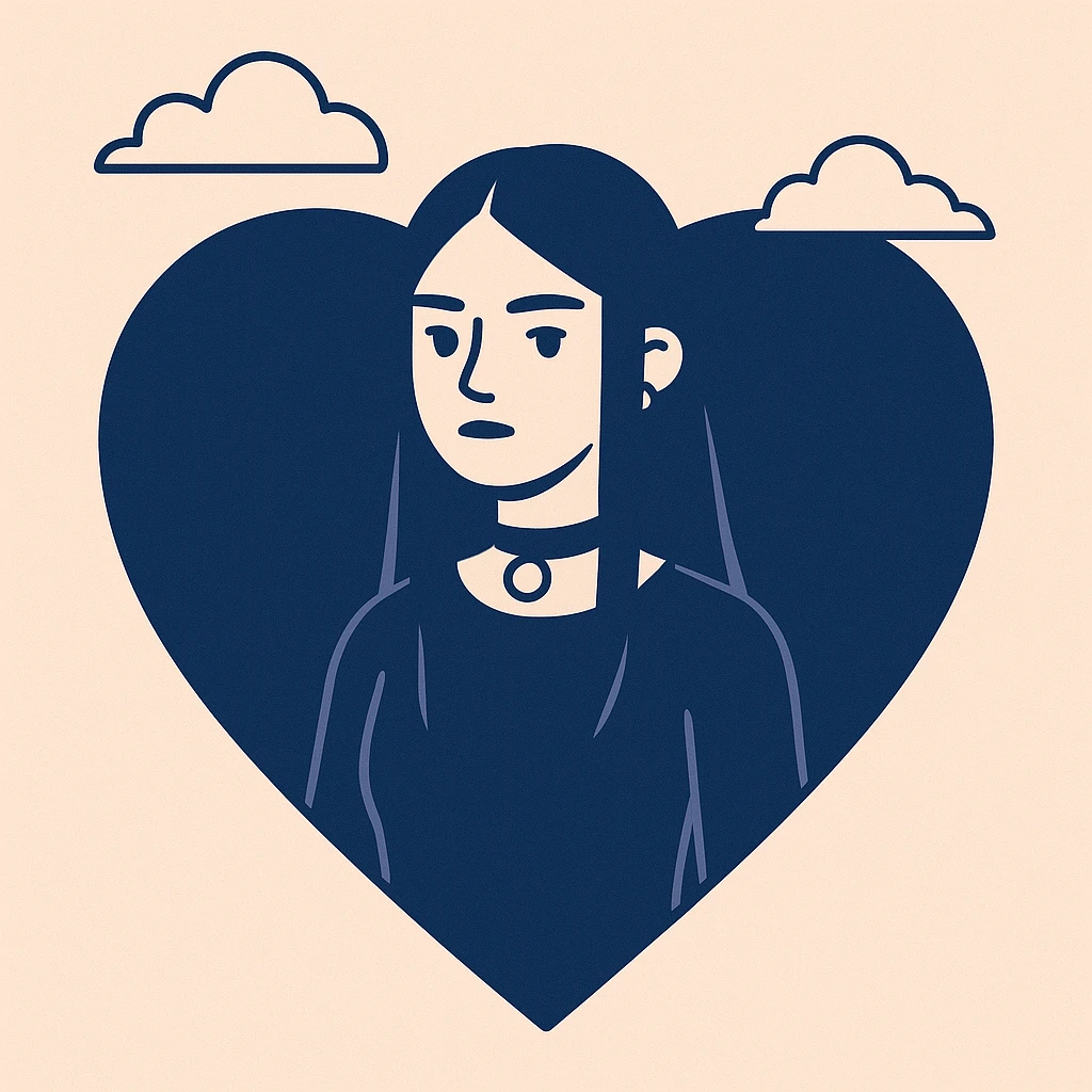 a heart with a goth girl inside, cartoon style, dark colors, alternative look emoji