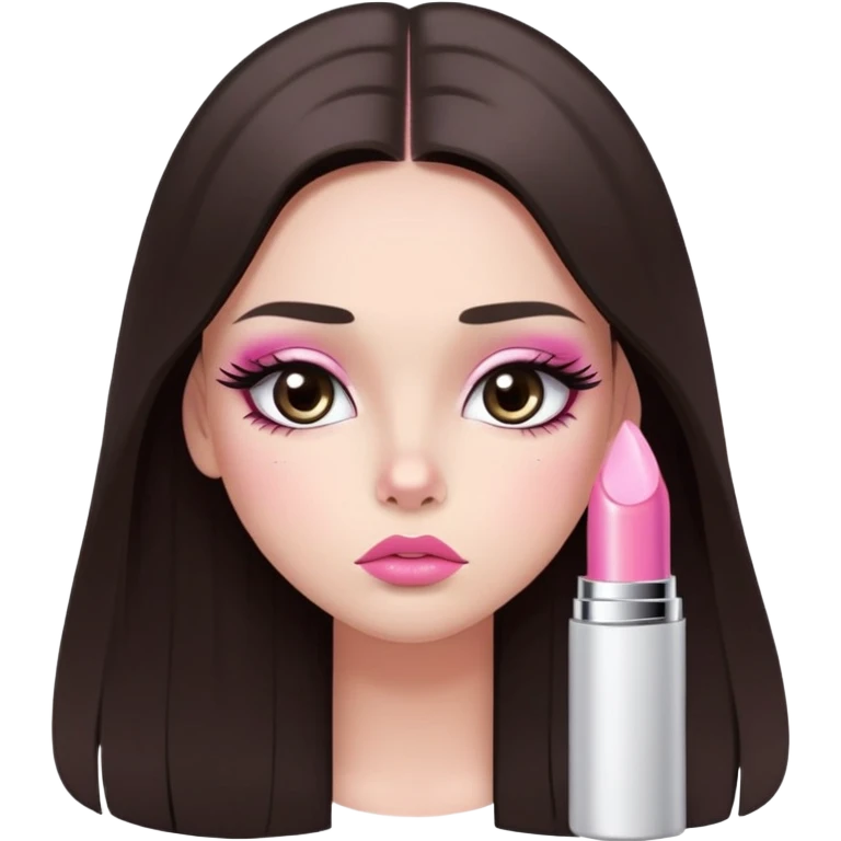 girl with lighter skin, dark brown long straight hair, pouty shiny lips with pink lip gloss, large eyes with eyelashes, pink blush on cheeks, inner eye highlighted with white eyeliner, lighter button nose, long oval-shaped face emoji