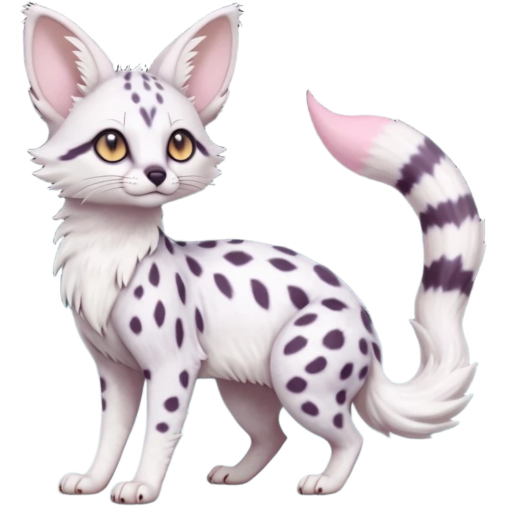 White Albino pastel light whitish grey-spotted Serval-Civet-Genet-Trico-Furret-Linoone-Noibat-Espeon-Fakémon-Pokémon-animal-hybrid-fusion-creature (full body) with vibrant glowing eyes, cute, elegant, soft, realistic, pastel fur emoji