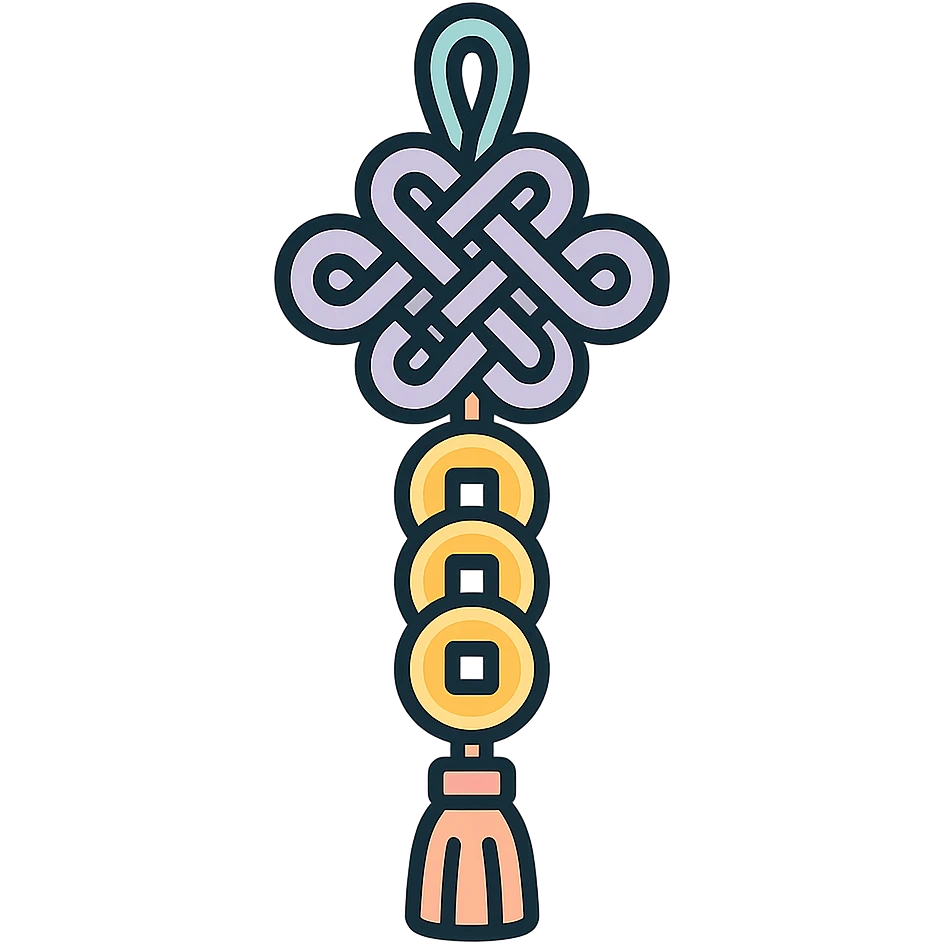 Chinese happiness knot with coins and tassel, icon-color-outlined style, detailed shadows and highlights, thin clean outlines, soft rounded shapes, pastel palette #98B5BC, #B5B3C1, #C9A3C9, #E4C0CA, #F7DCD1, #F7C0AA, modern Japanese pop art and sticker aesthetic, high detail, vector sharpness, soft lighting, transparent background emoji
