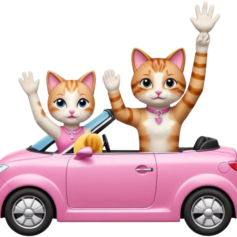 Barbie and Ken as cats waving from a pink convertible car emoji