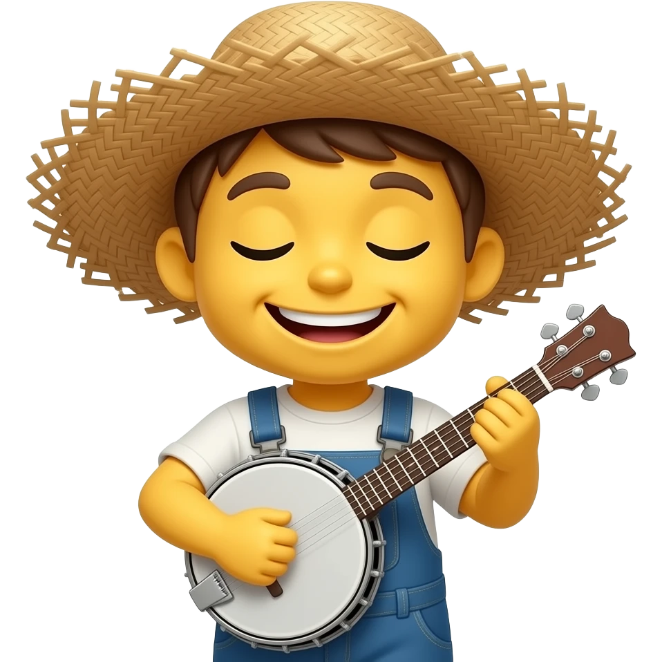 Little miniature yellow emoji smiling, mouth closed, wearing messy straw hat playing banjo, wearing coveralls, eyes closed emoji