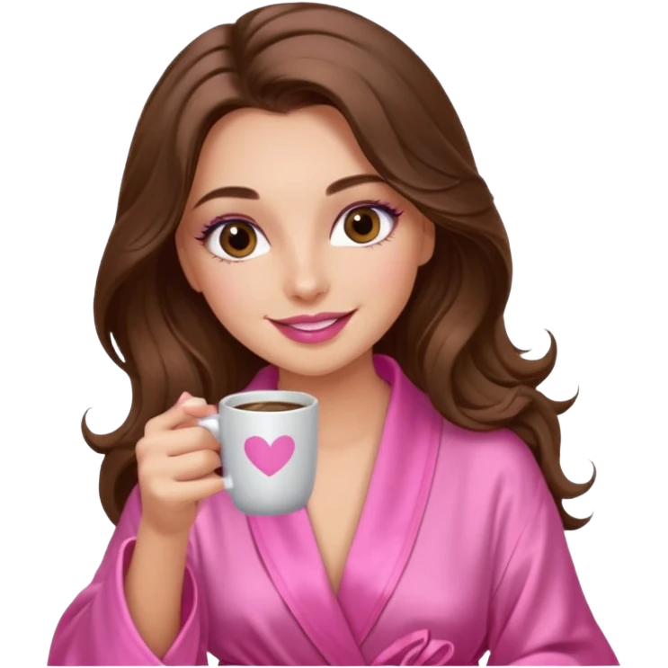 girl with long wavy brown hair, brown eyes, long lashes makeup, sexy pink lips, light to medium complexion, wearing a pink sexy silk top, smiling in a cozy pink robe drinking coffee emoji