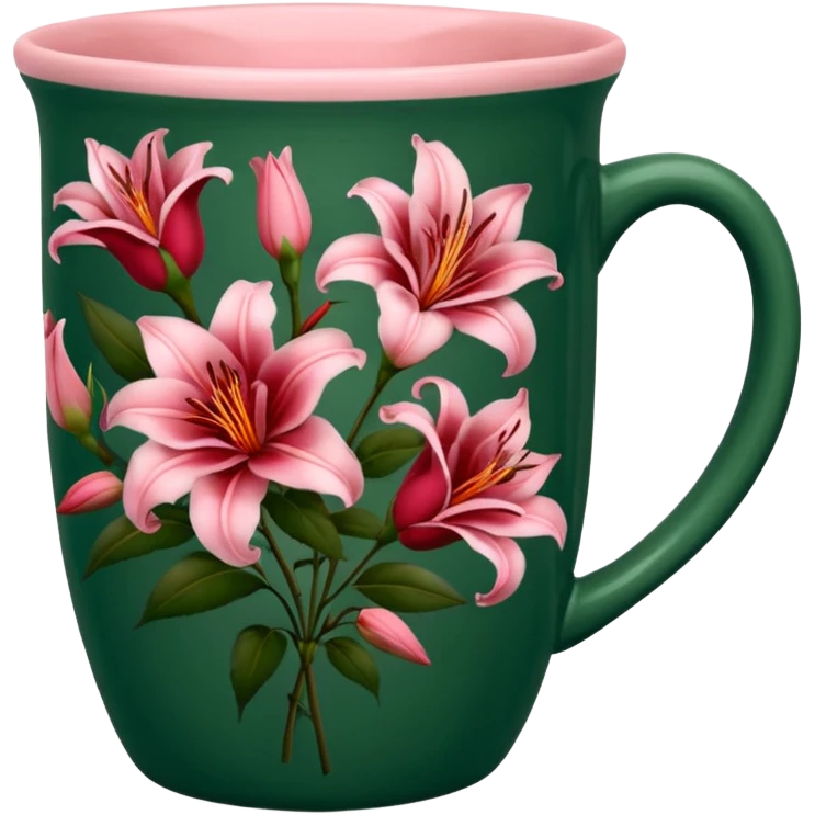 dark green mug, pottery no spoon, with dark red roses and pink lilies designed all over  emoji