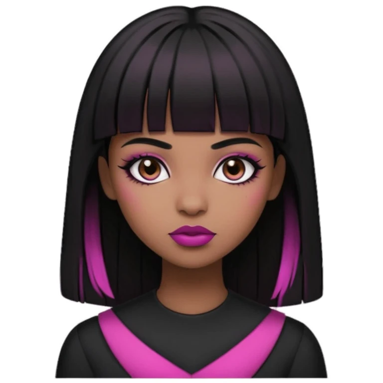 brown skin, straight hair with the ends curved upwards, bangs above the eyebrow, dark brown eyes, girl, half gothic and pink style   emoji