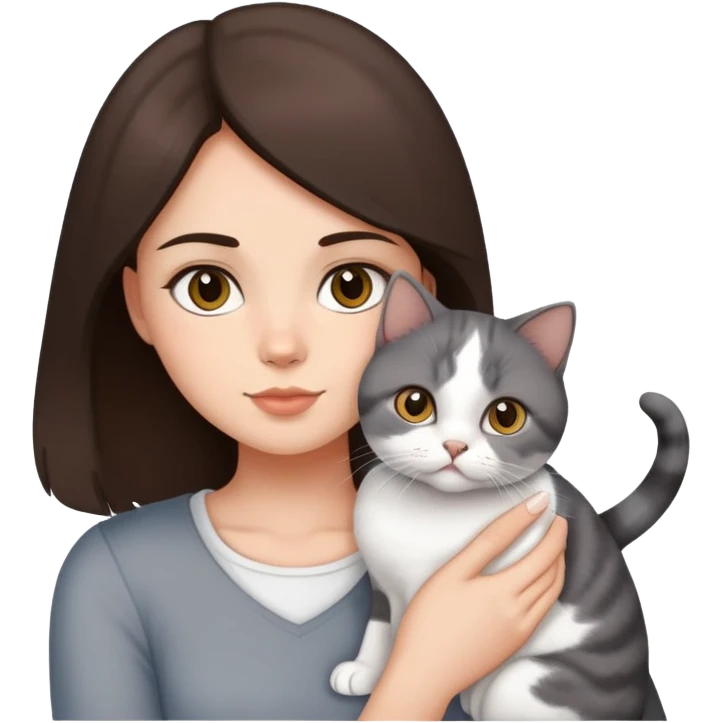 Dark brown hair girl holding a British short hair Calico cat. emoji