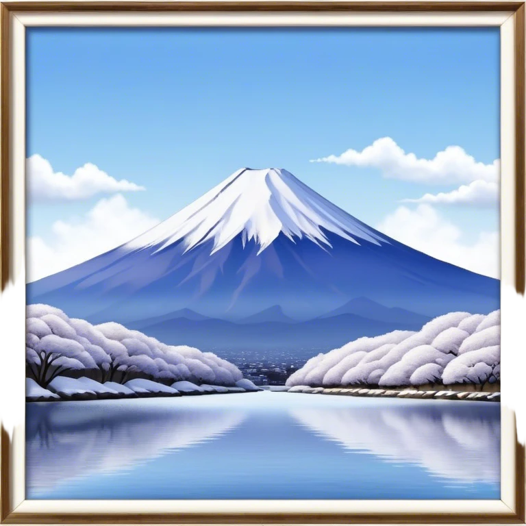 Cinematic Realistic Mount Fuji Landscape Emoji, depicted with the iconic snow-capped peak set against a serene sky rendered with lifelike textures and breathtaking, natural lighting. emoji