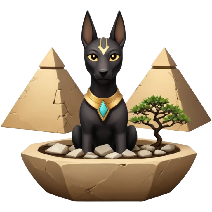  Esthetically Therapeutic silky black-haired tiny statuette young miniature Anubis pyramid scene stone-age cracked irregular dodecagon bonsai pot  emoji