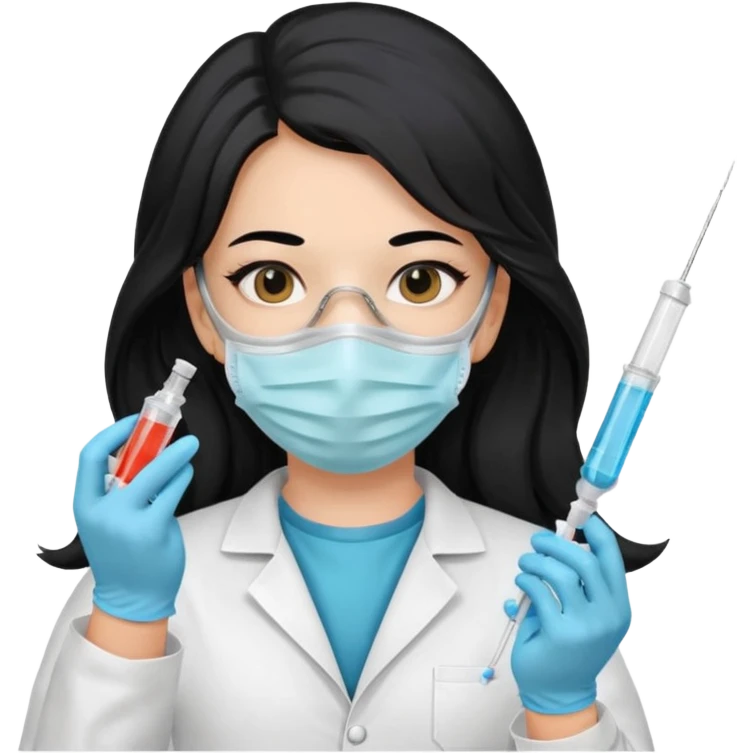 laboratorista con guantes  y mascarilla jeringa tubos  pelo negro largo triguella emoji