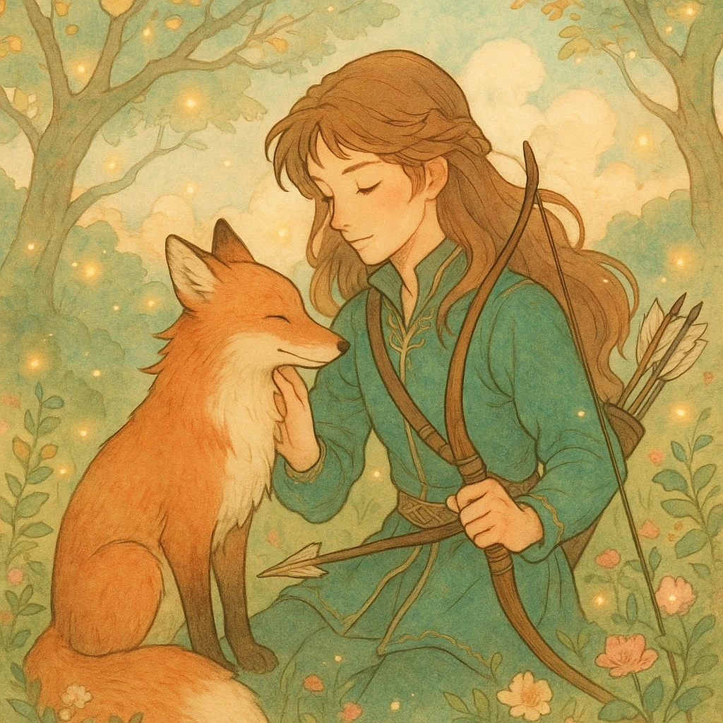 archer and fox together, romantic whimsical fairytale style, soft colors, magical atmosphere, inspired by 'Once Upon a Broken Heart' emoji
