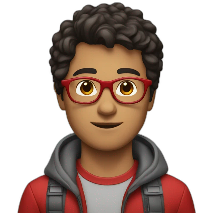 young man with dark hair, red glassess, red tshirt and rocket  emoji