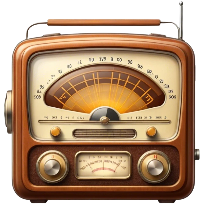 A photorealistic icon featuring an old-fashioned radio with a vintage dial, radio waves emanating from it, and a warm, glowing light. The design includes detailed textures, soft lighting, and nostalgic elements, symbolizing the love for radio broadcasting and music. Transparent background. emoji