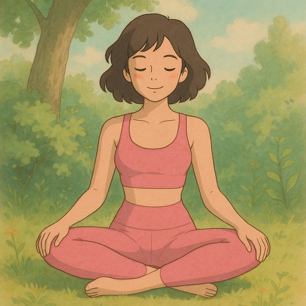woman sitting cross legged in a pink workout set, ghibli-inspired, gentle lighting emoji