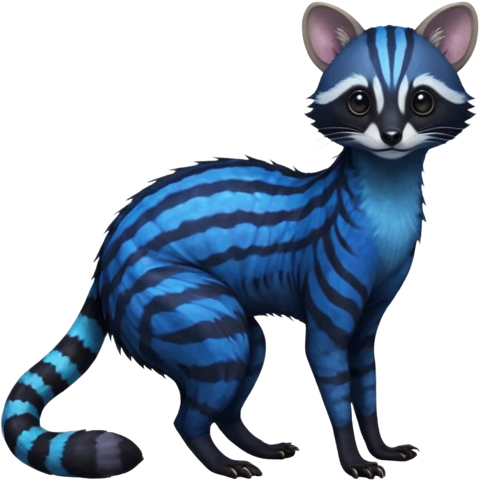 Feral Rare Fantasy iridescent scaly evil spooky vibrant dark shady shaded detailed deep-dark-cobalt-blue-gradients-colored colorful Genet-Trico-Civet-Cacomistle-Tanuki-Margay-species by LiLaiRa, with dark-blackish points, white belly, random markings, tufted tail, tufted ears, full body emoji