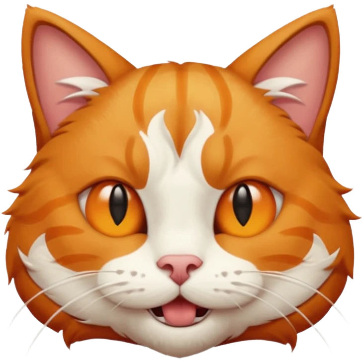 a ginger cat with white stripes on his forehead, a bitten ear, one fang sticking out, winking his right eye emoji