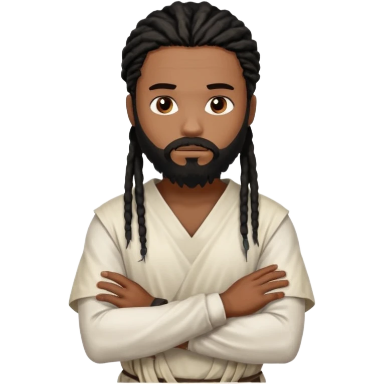 African American man with shoulder length black dreadlocks with black beard wearing a white blood stained white tunic with arms folded together across chest emoji