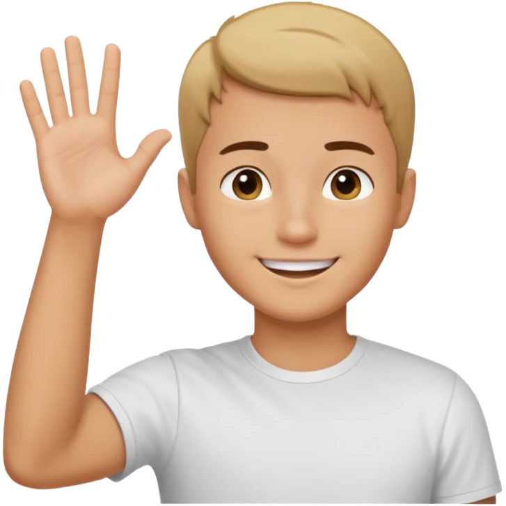joven trigueño corte de pelo muy cortito polera blanca sonrisa bonita saludando mano arriba emoji