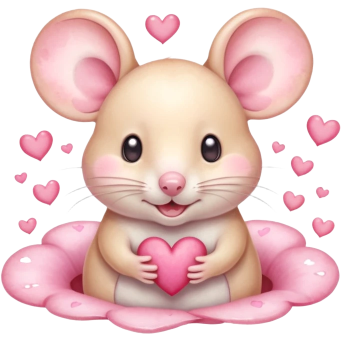 This is a cute watercolor illustration of a small, cream cartoon mouse with large, round, pink-lined ears. The mouse has heart eyes, a small open mouth, and is surrounded by floating pink hearts, conveying a feeling of love, adoration, or strong affection. emoji