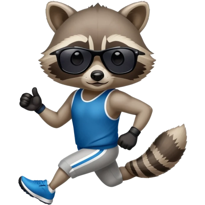 friendly anthropomorphised raccoon in sports wear, wearing dark sunglasses, jogging upright, mafia style emoji