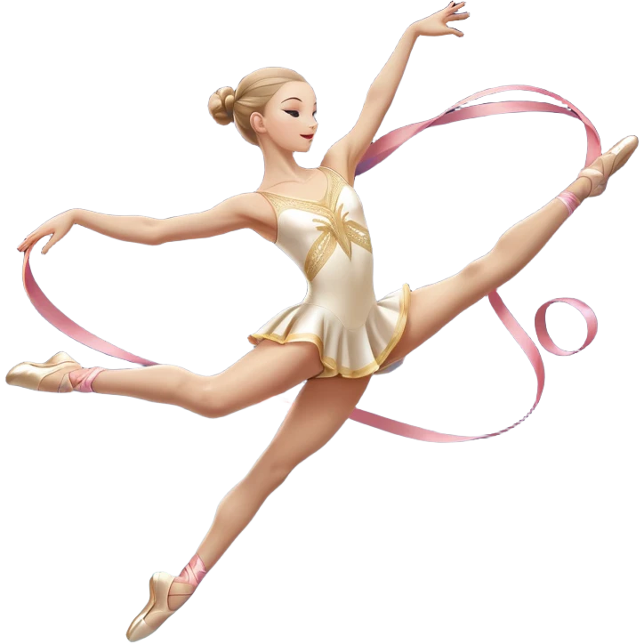 A graceful rhythmic gymnast performing with a flowing ribbon, executing an elegant leap mid-air. The pose exudes flexibility, balance, and artistry. The background suggests a competition arena with soft lighting, emphasizing movement, precision, and the beauty of the sport. emoji