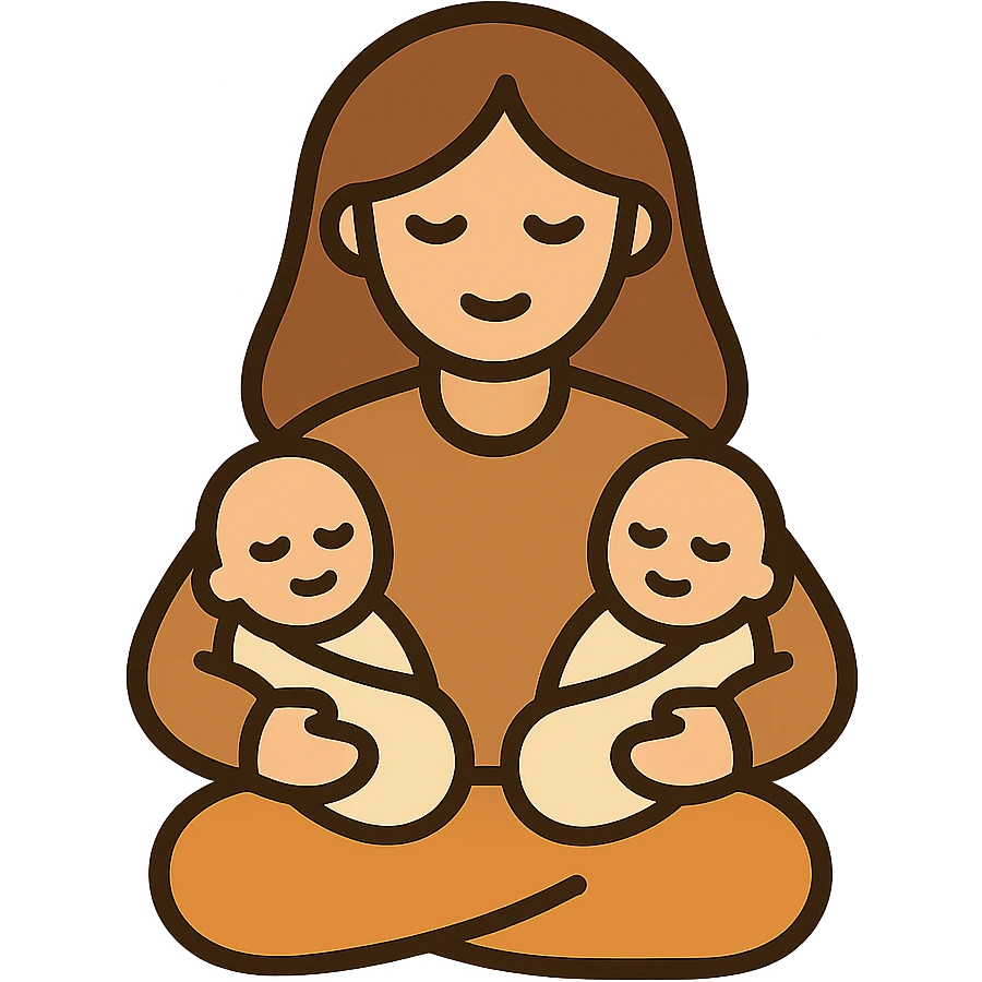 mother sitting holding two babies on lap, vector-style expressive detailed illustration, simple lines, shadows and highlights, warm beige and brown tones, smooth hair, gentle loving mood, elegant style emoji