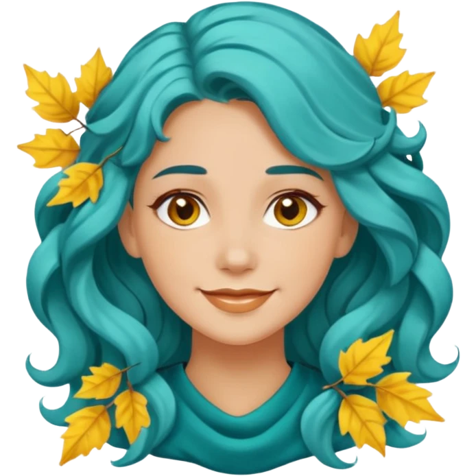 A woman with wavy teal hair decorated with yellow leaves, looking forward with a gentle smile. emoji