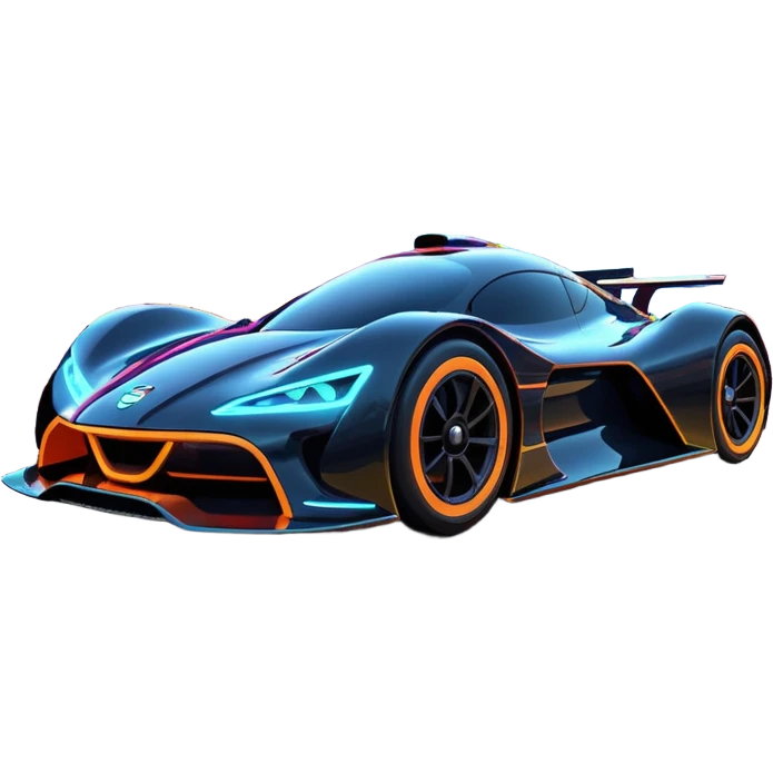 A futuristic racing car with glowing neon lights, sleek aerodynamic design, and a cyberpunk cityscape in the background. The car is speeding through a neon-lit street with high-tech buildings and holograms." emoji