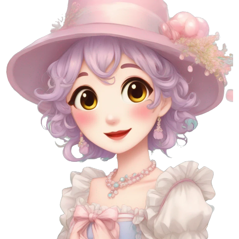 Gorgeous anime style lady with blushing face and accessories cottagecore fairycore Kawaii anime colorful pearly romantic aesthetic trending style emoji