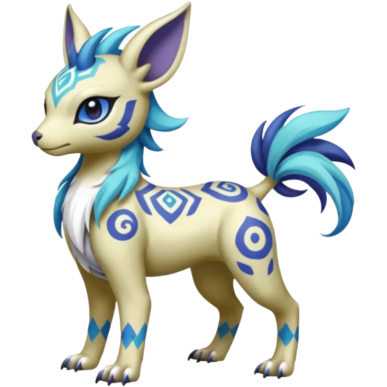 Colorful Adept Asian Tropical Tiny Marked Patterned Tribal Painted Garurumon-Meloetta-Absol-Suicune-Cobalion-fusion-hybrid-creature (full body) emoji
