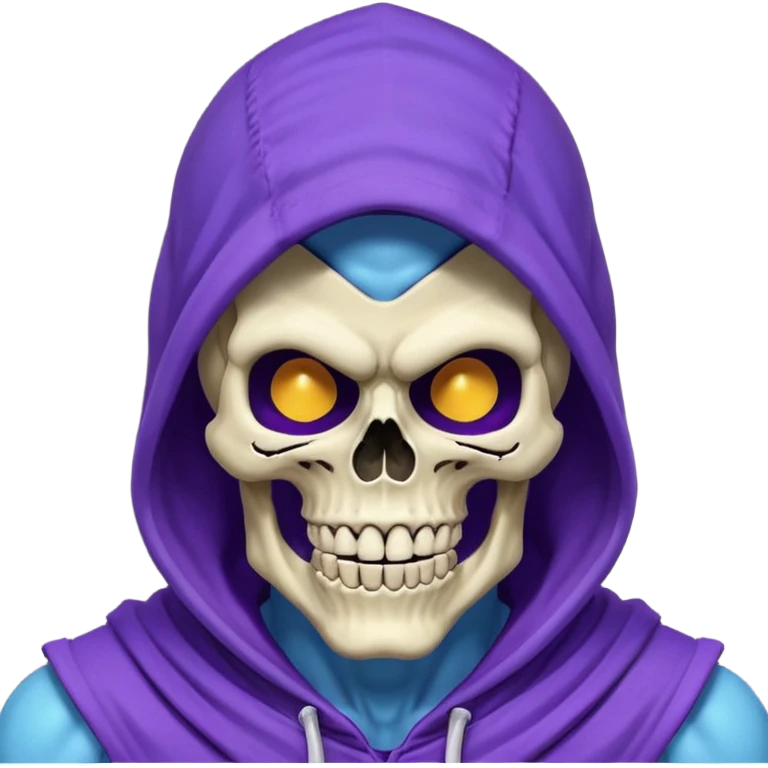 Skeletor, classic cartoon villain, grinning skull face, purple hood, blue muscular body emoji