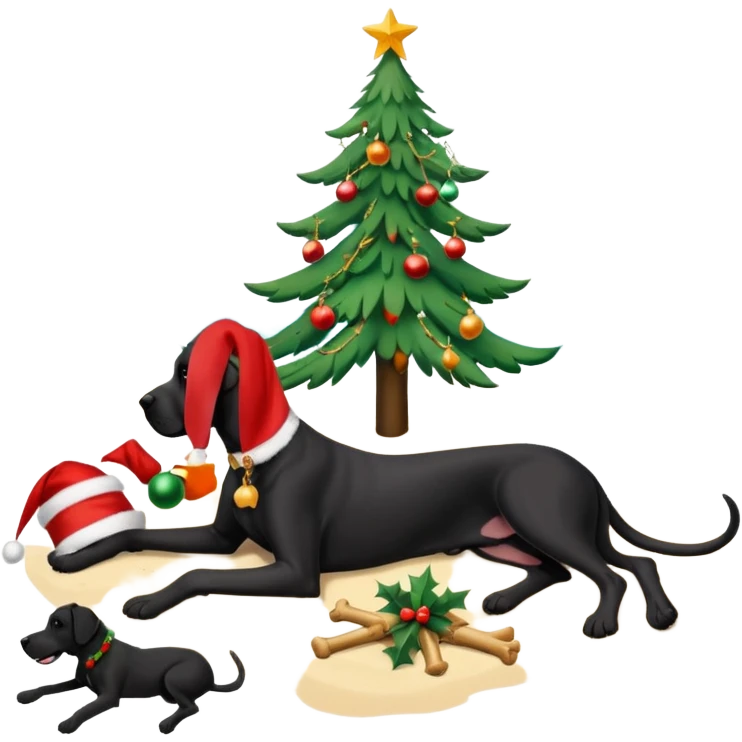 Black (no white) cropped Great Dane laying on a tropical beach with a Christmas tree and dog bones under the tree emoji